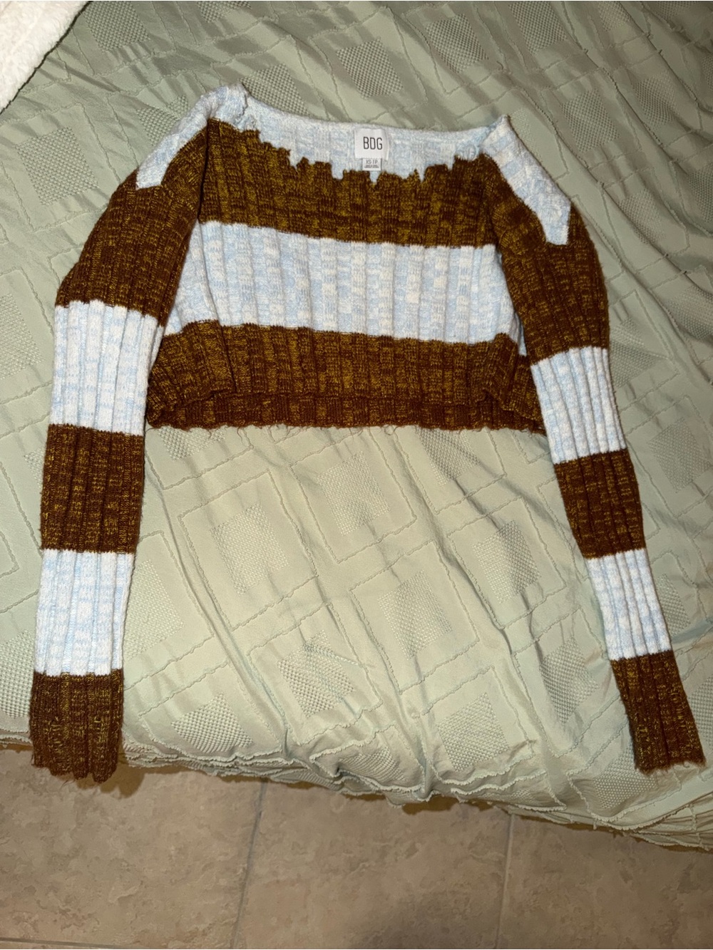 BDG Off-the-Shoulder Cropped Ribbed Sweater in Brown and Light Blue
